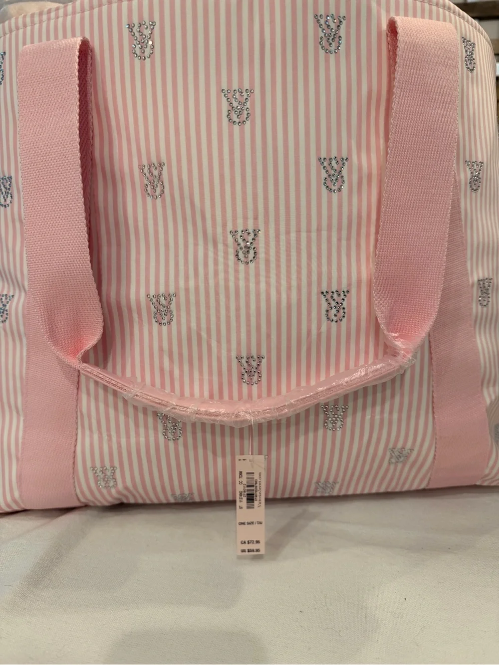 Victoria Secret Pink Striped overnight Tote Bag with Crystal Accents